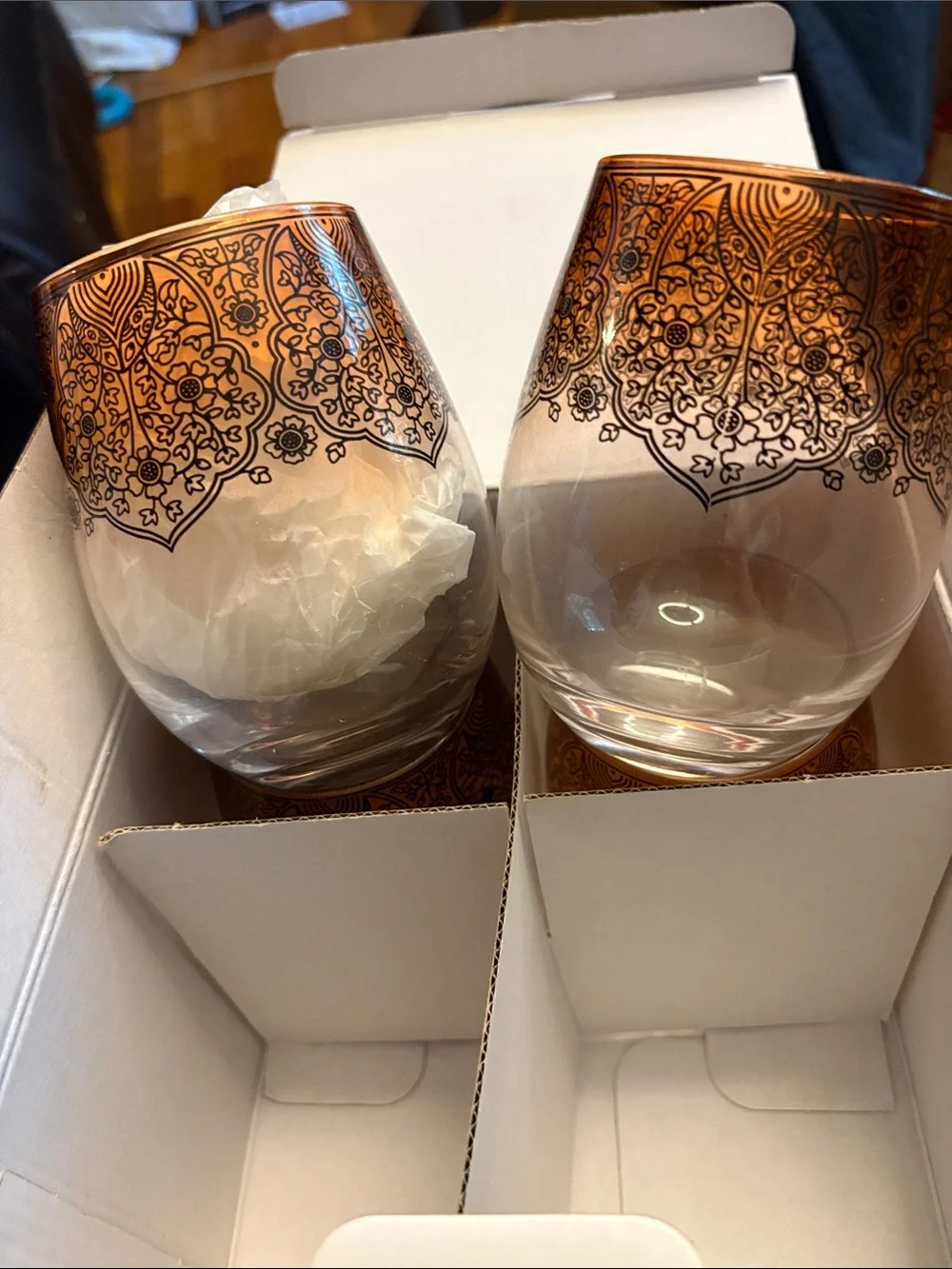 LSA Clear Hand-Painted Brownish Rust Art Noveau Stemless Wine Glasses